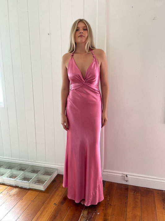 Vintage Y2K pink satin backless halter neck gown