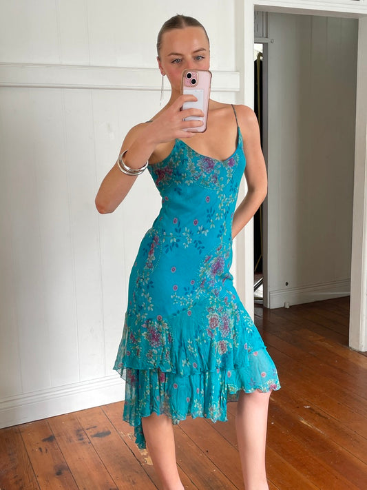 Vintage y2k blue floral silk bias cut asymmetric midi dress