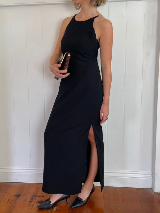 Vintage 90s black high neck gown with gold hardware