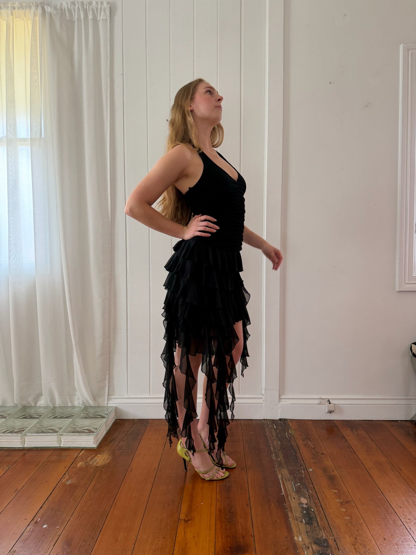 Vintage 90s black asymmetrical halter neck jellyfish dress