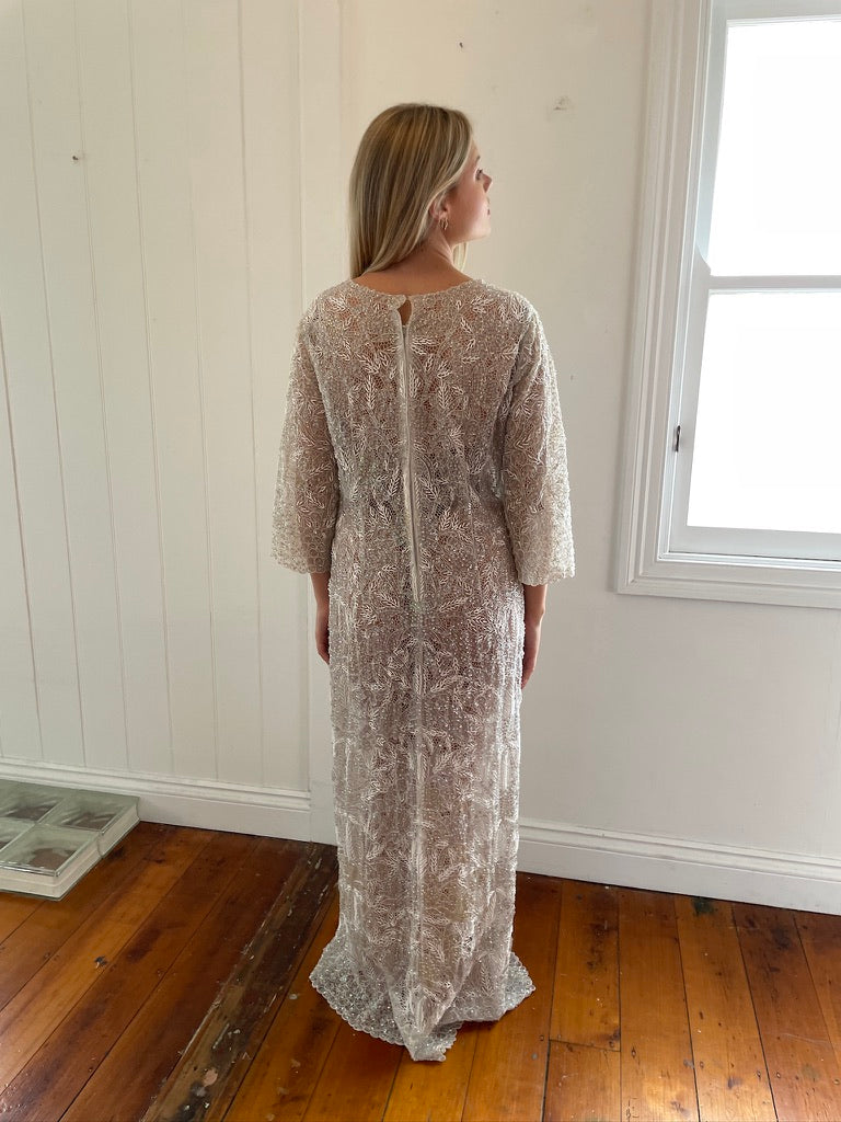 Vintage 60s semi sheer long sleeve beaded sequinned bridal gown