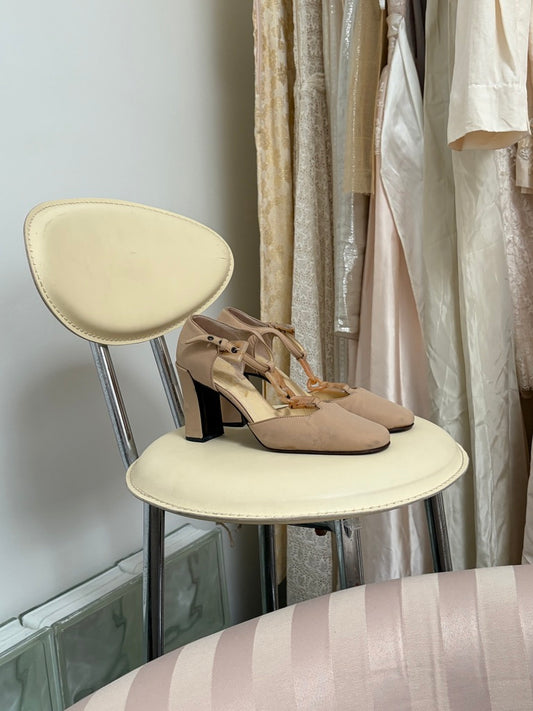 Vintage Prada beige nylon closed toe t-strap heels