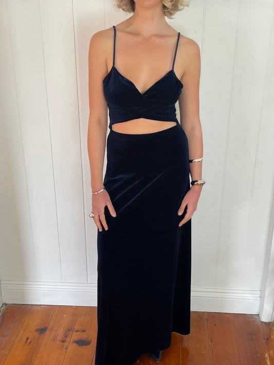 Vintage 90s navy velvet maxi with cutout detail