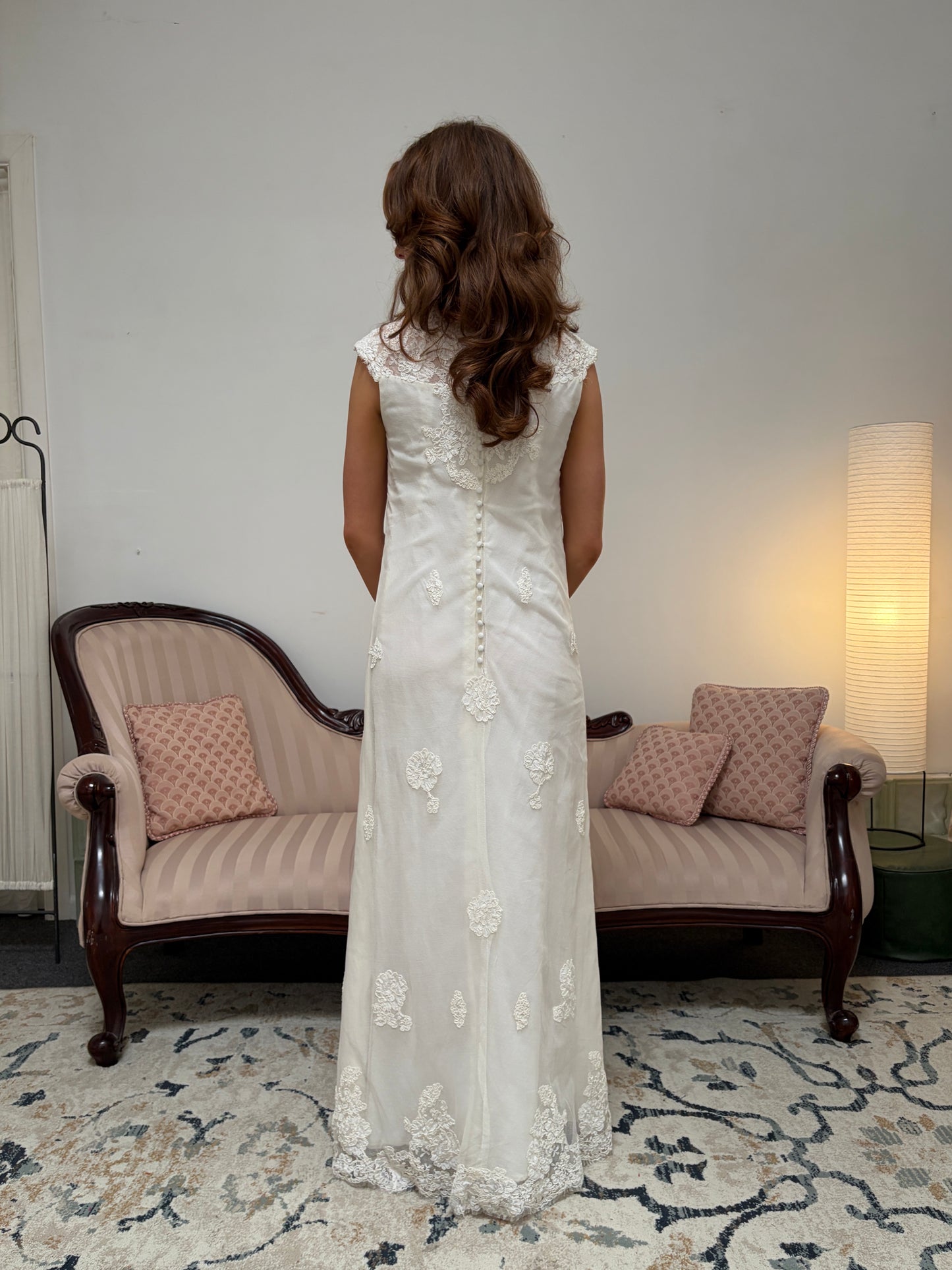 Vintage 60s Alfred Angelo high neck alençon lace column wedding dress