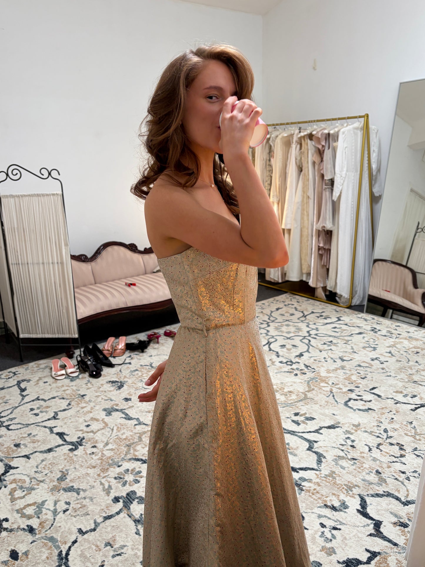 Vintage 50s gold brocade strapless evening gown with jacket
