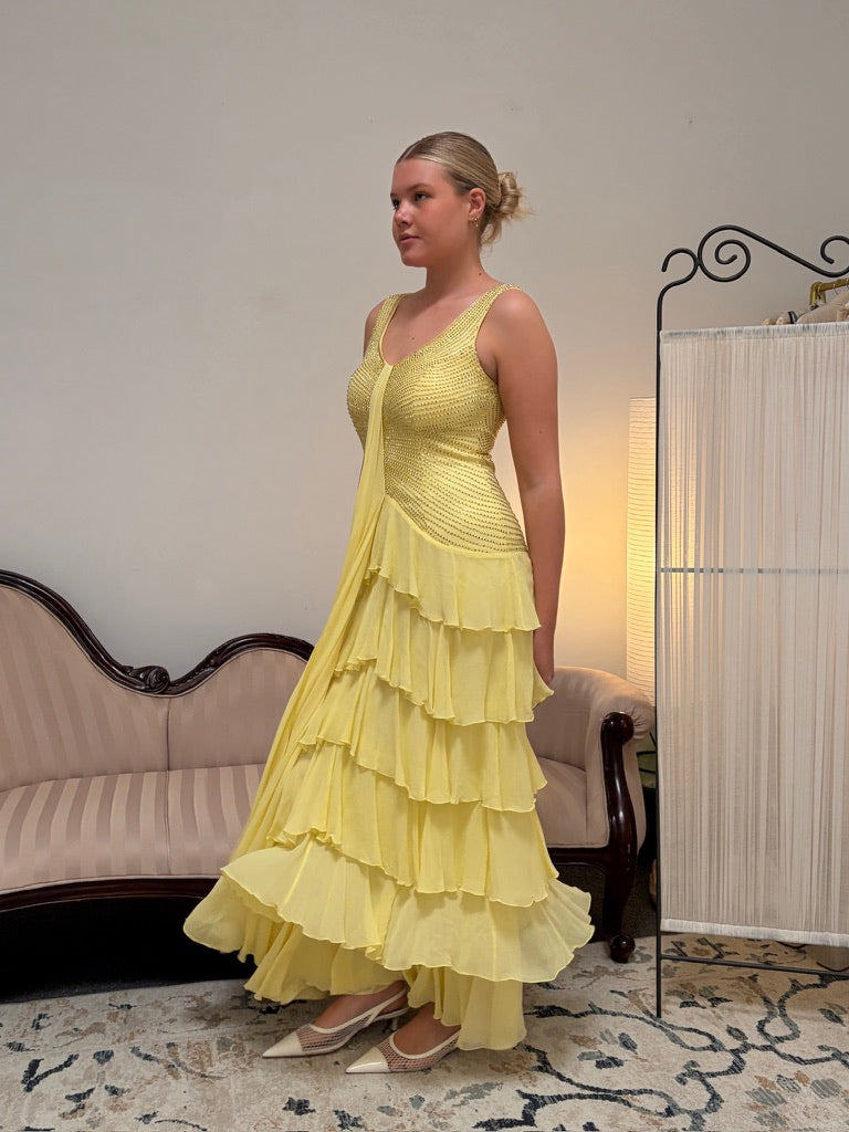 Vintage Y2K Frank Usher yellow silk beaded evening gown