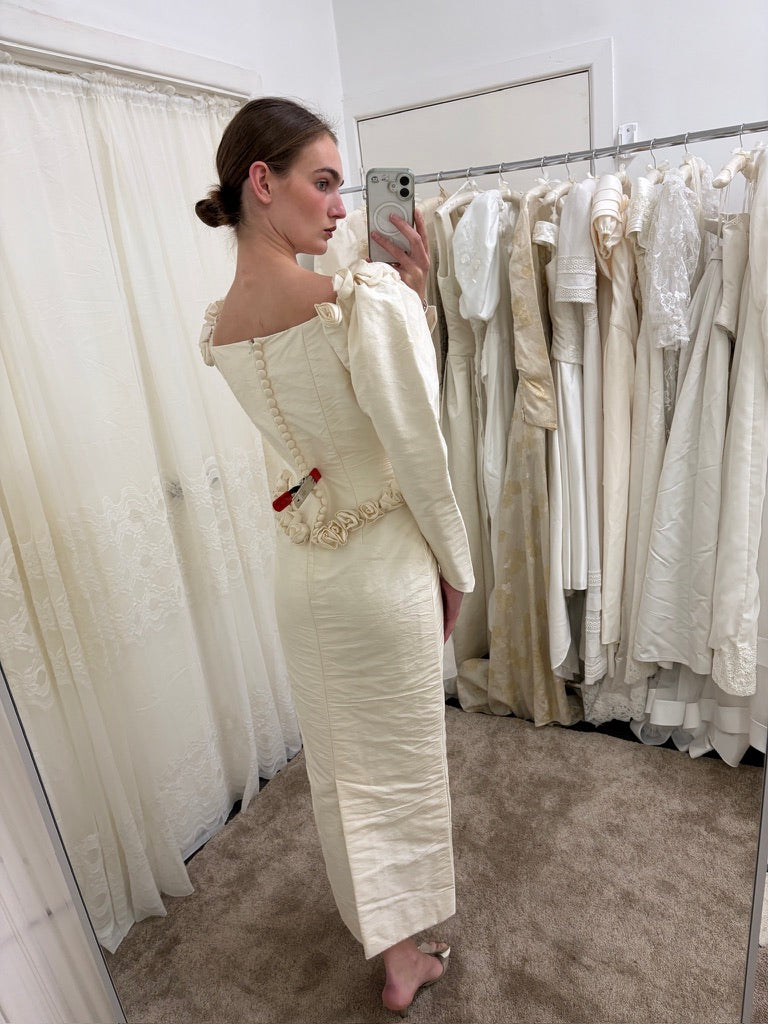 Vintage 90s silk dupion long sleeve rosette wedding gown with detachable train