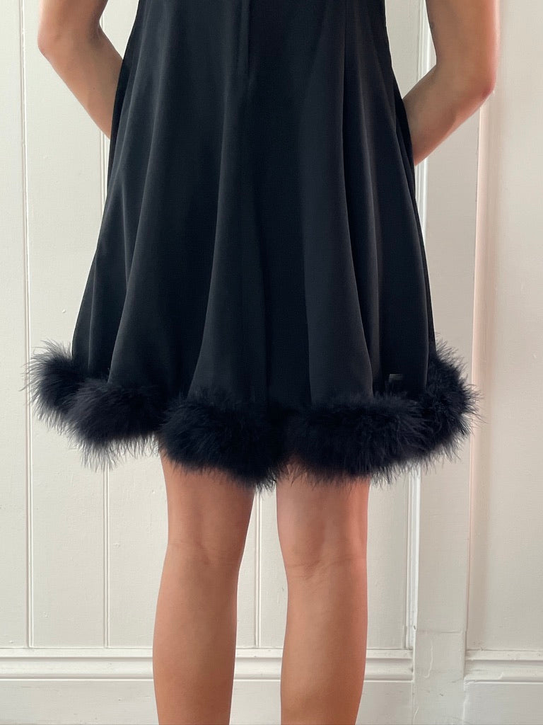 Vintage 90s Japanese black mini dress with ostrich feather trim
