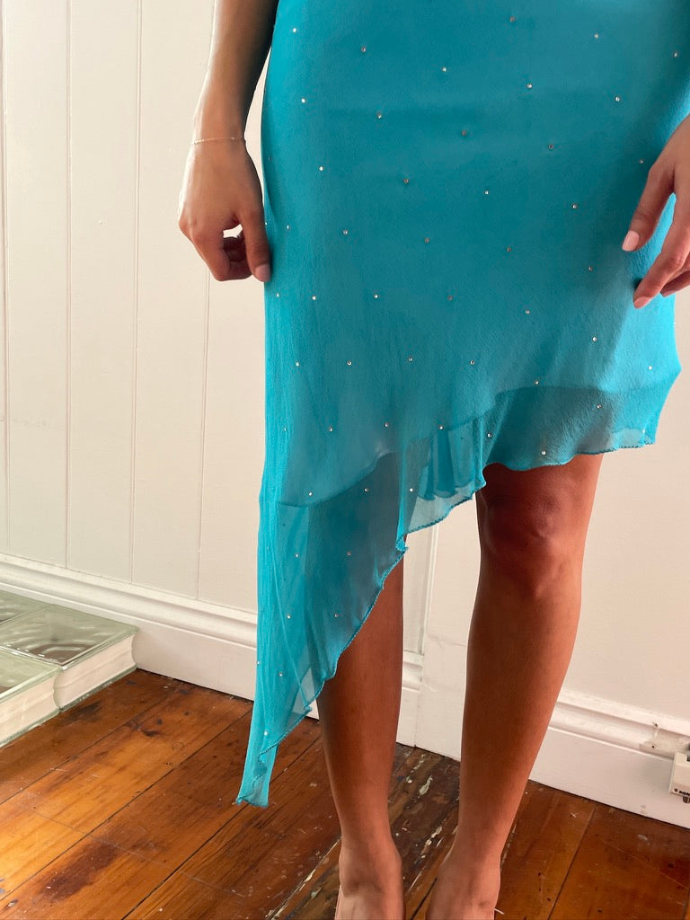 Vinatge 90s aqua silk one shoulder midi dress with diamantés