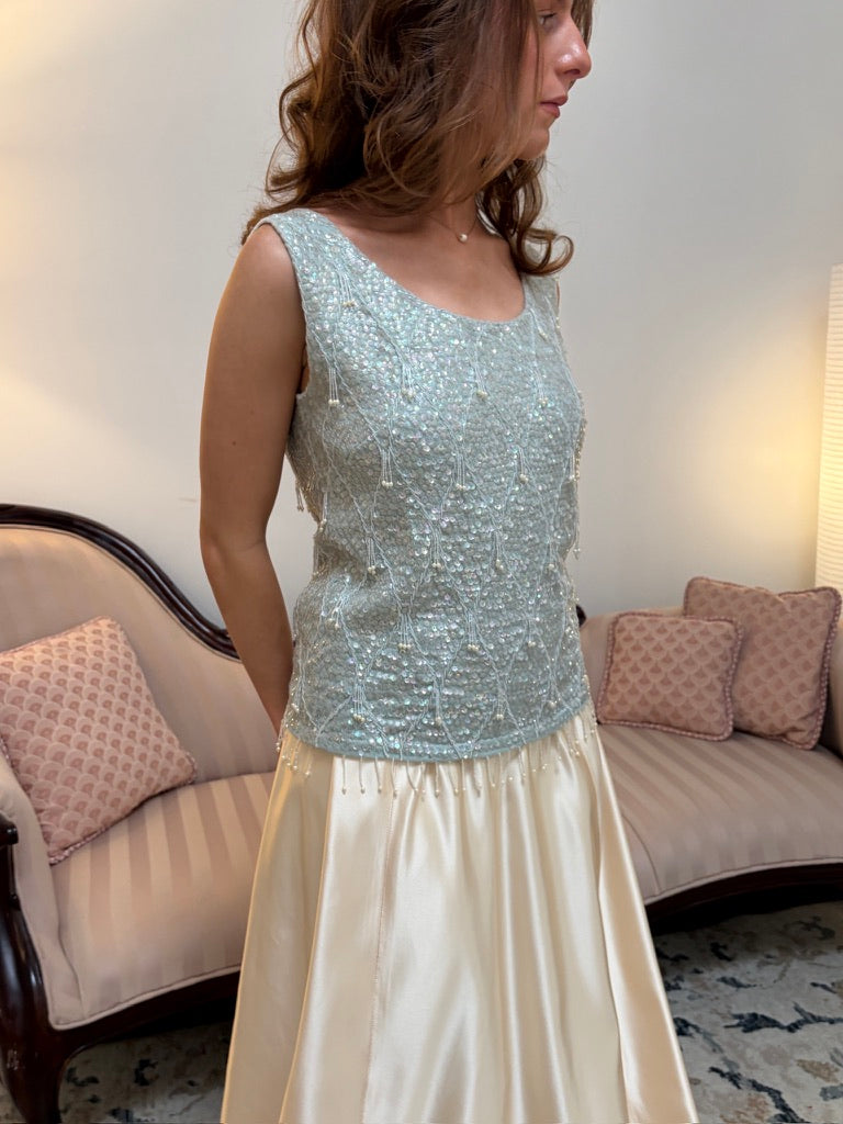 Vintage 60s Ice Blue heavily embellished wool top