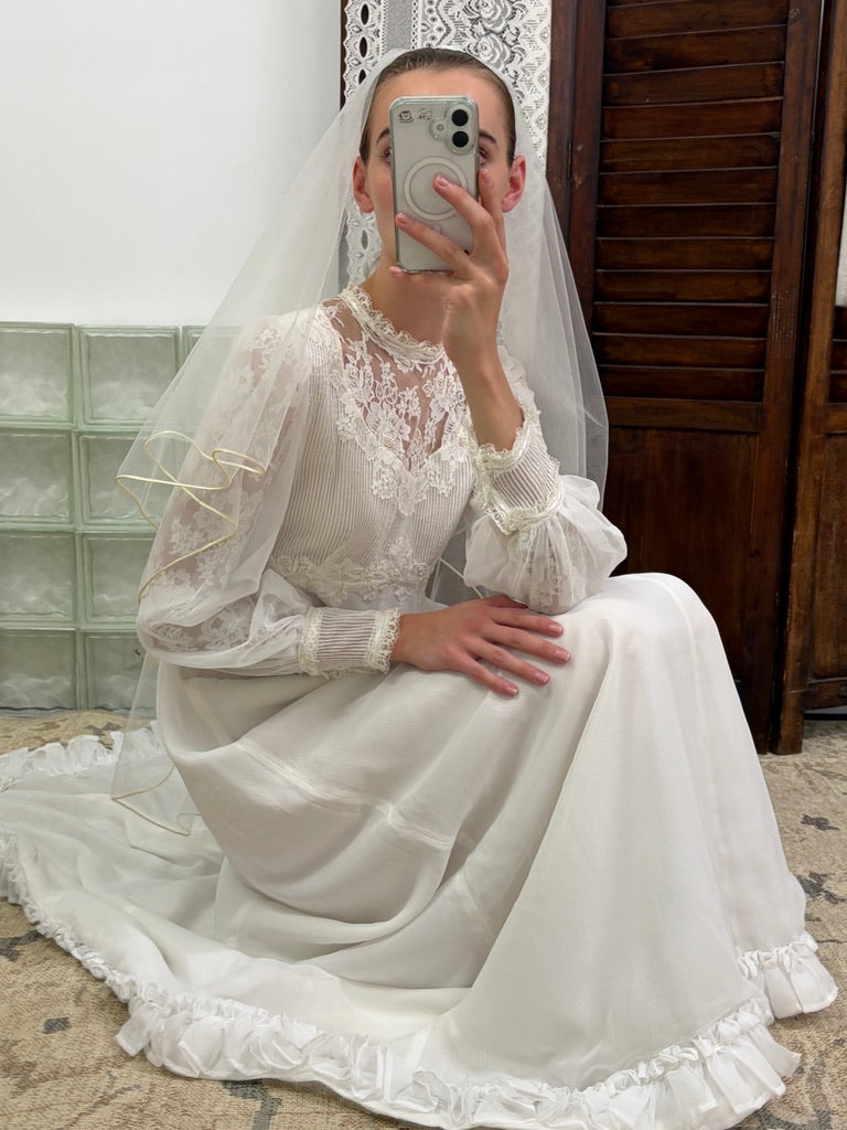 Vintage 70s long sleeve high neck wedding gown with train