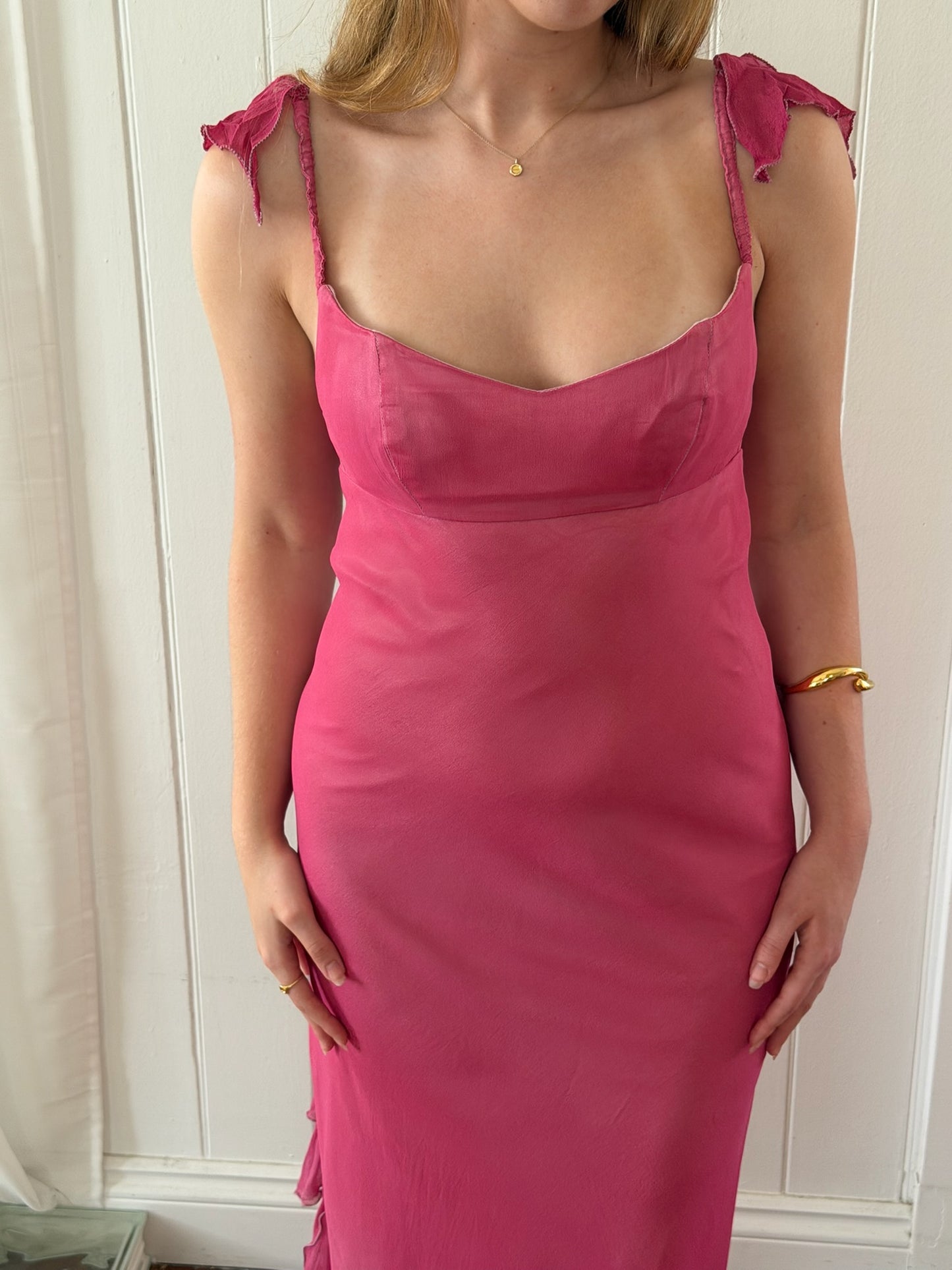 Vintage 1990 Jenny Bannister pink silk empire waist ruffle maxi dress