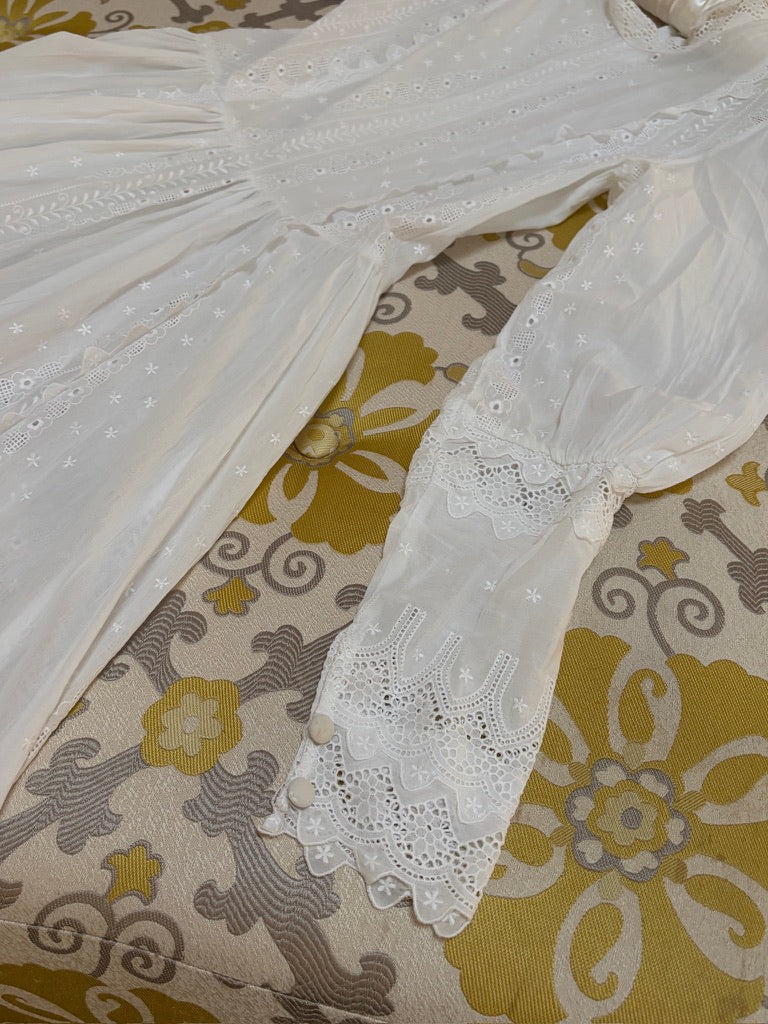 Vintage 70s embroidered cotton voile long sleeve wedding dress with train