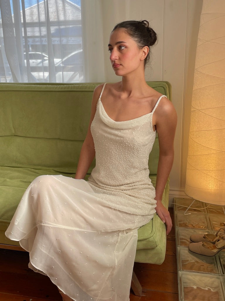 Vintage 90s white silk beaded bias cut slip dress