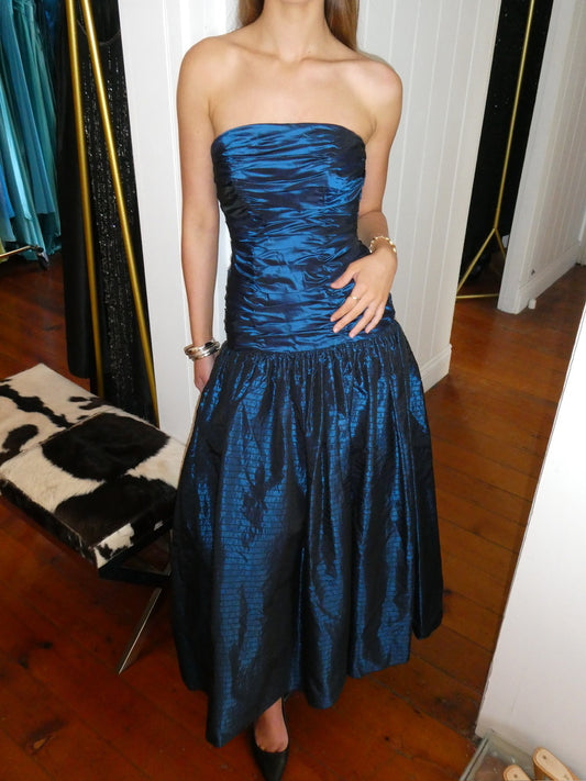 Vintage 80s Alyce blue strapless drop waist evening gown