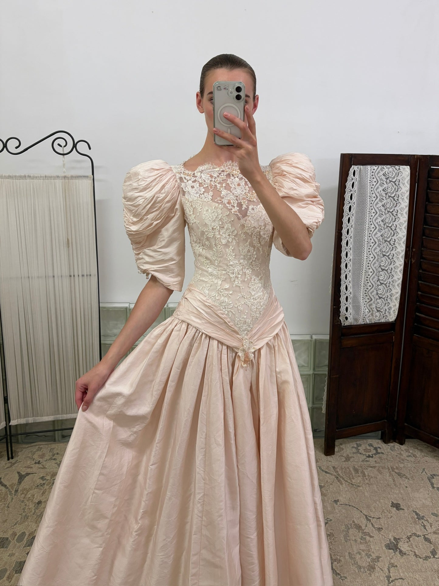 Vintage 80s ballerina pink puff sleeve basque waist gown