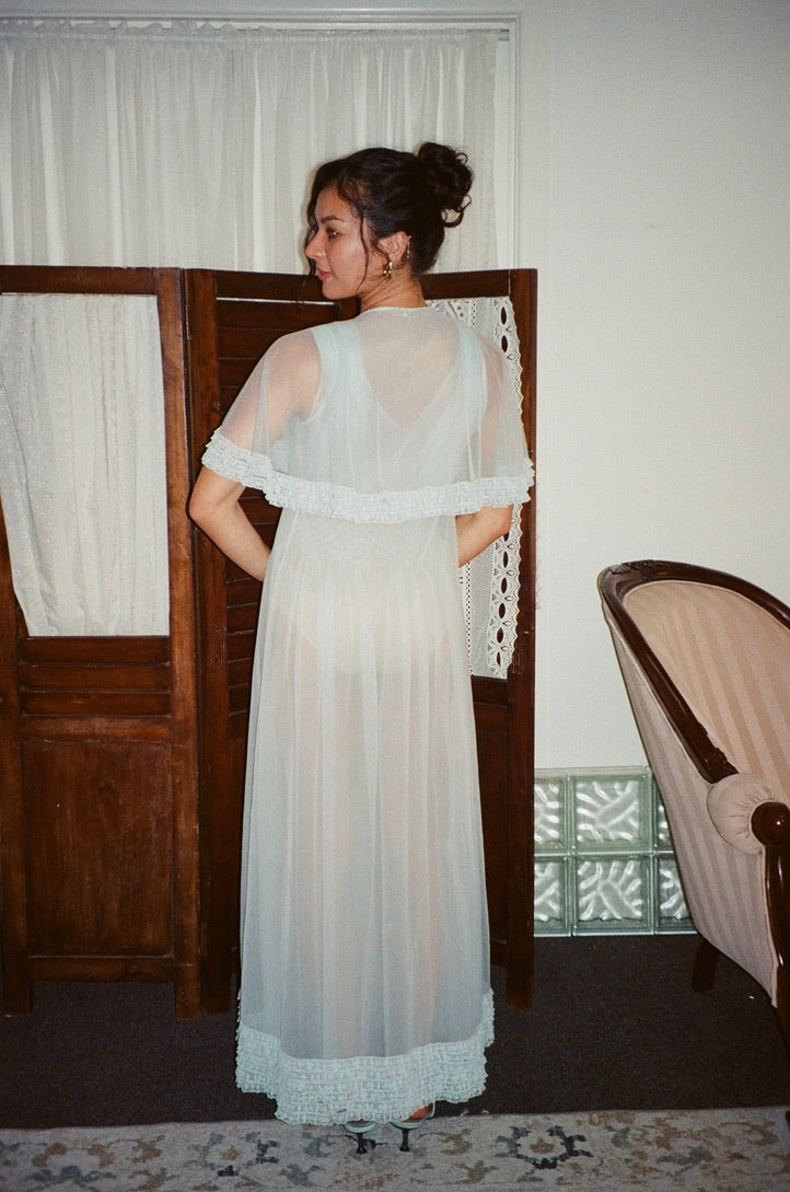 Vintage 50s ice blue sheer nylon slip dress and cape