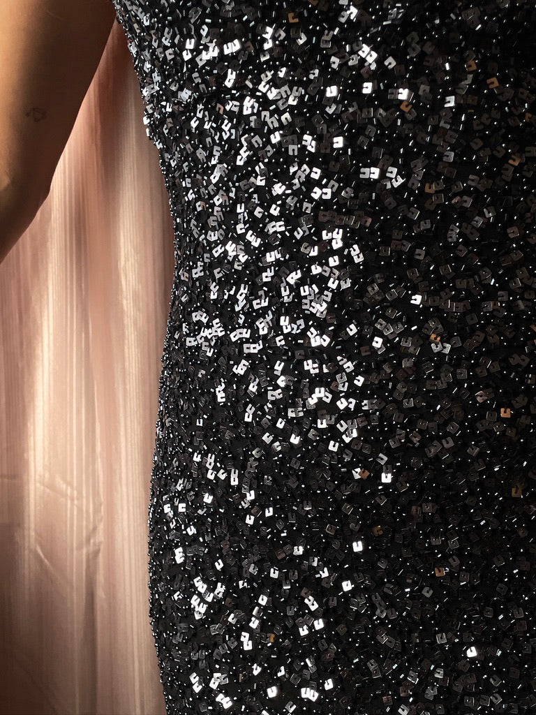 Vintage 90s midnight beaded open back evening dress