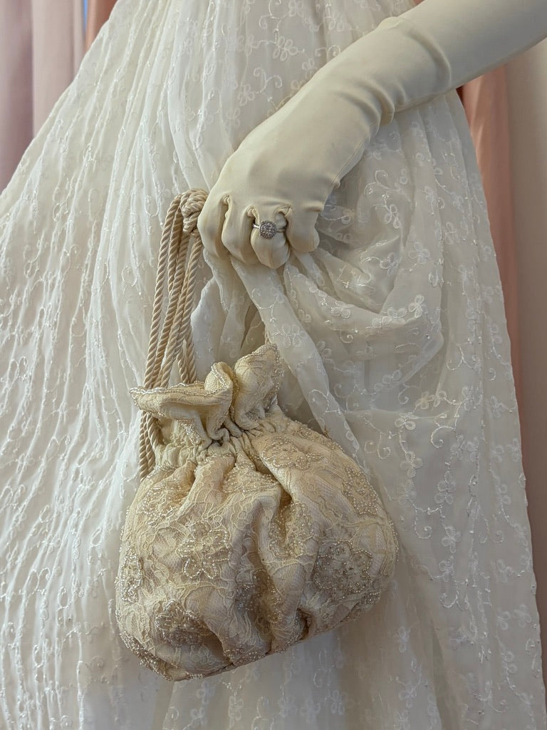 Vintage cream beaded bridal pouch with rope strap