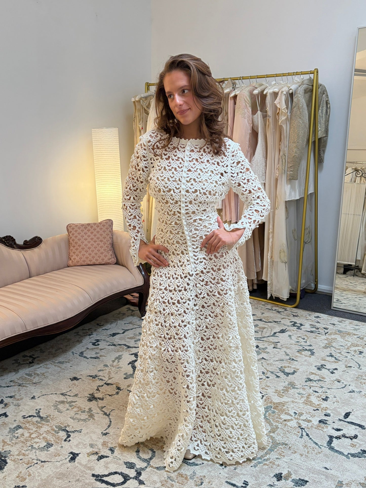 Vintage 70s ivory crochet long sleeve a-line wedding dress