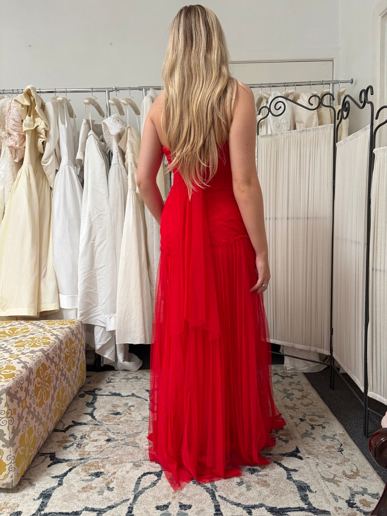 Vintage 00s Vera Wang red tulle drop waist evening dress