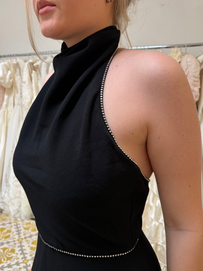 Vintage 70s Joan Leslie black open back halter gown with diamante trim