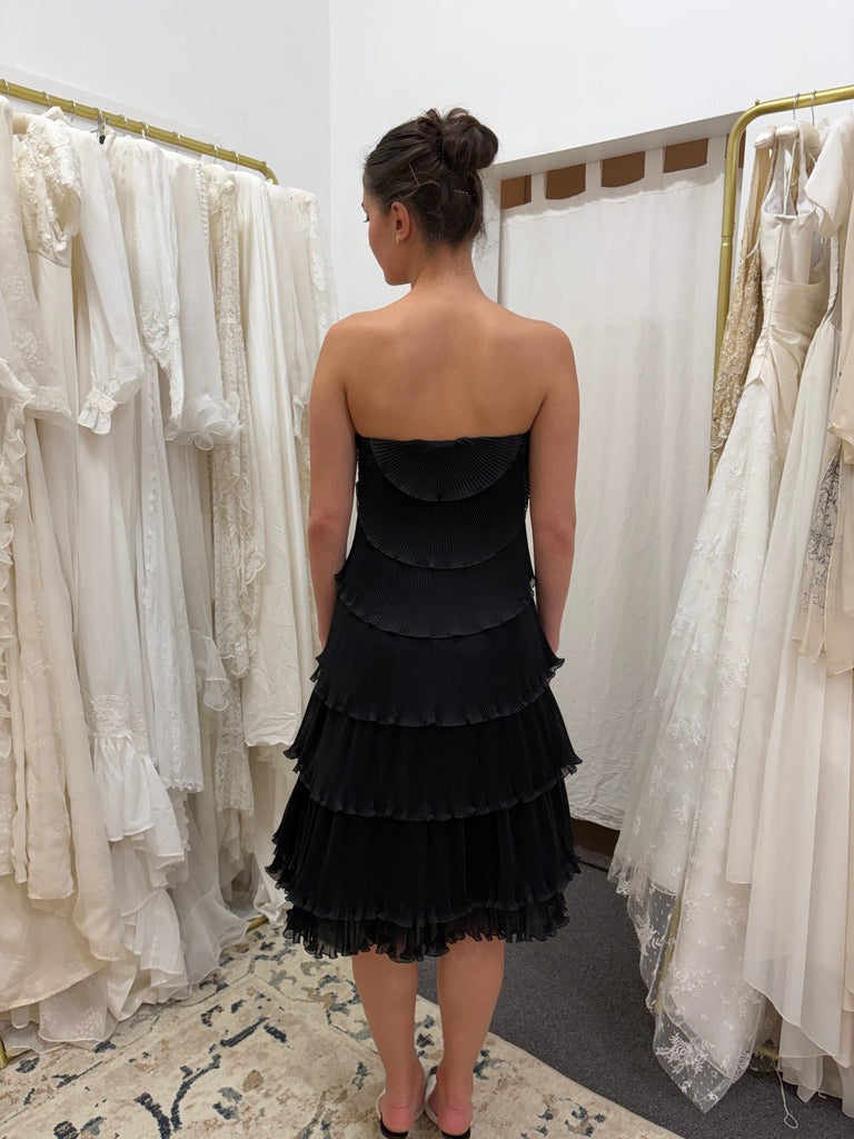 Vintage 80s Frank Usher tiered pleated black strapless dress