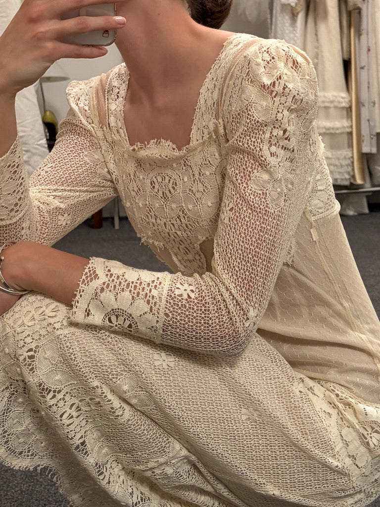 Vintage 70s does 20s cream lace drop waist bridal dress