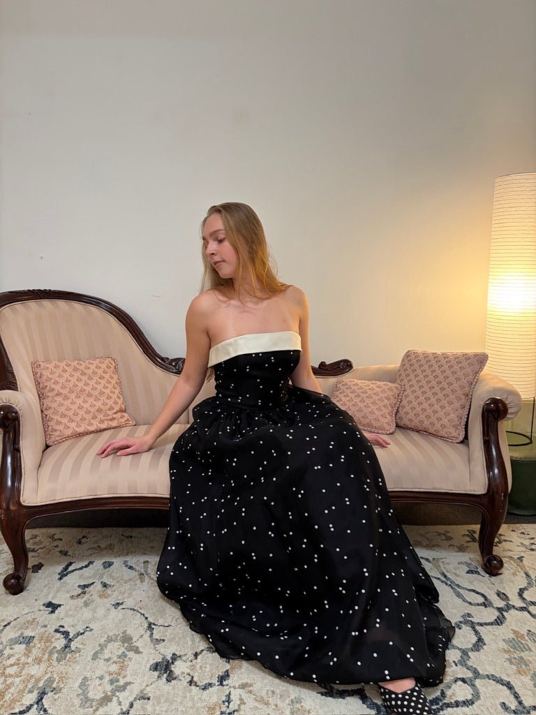 Vintage 00s Kay Unger black strapless polka dot evening dress