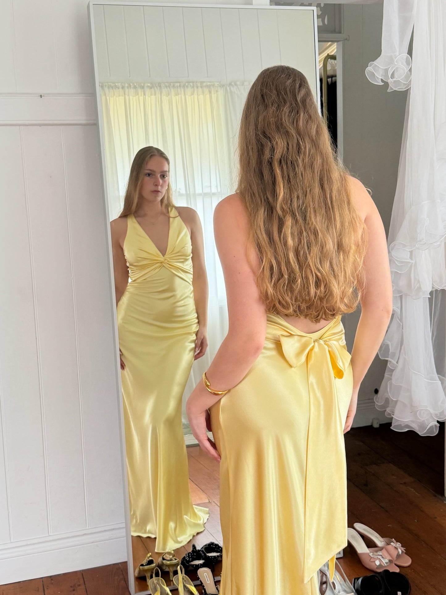 Vintage Y2K lemon yellow open back satin evening gown