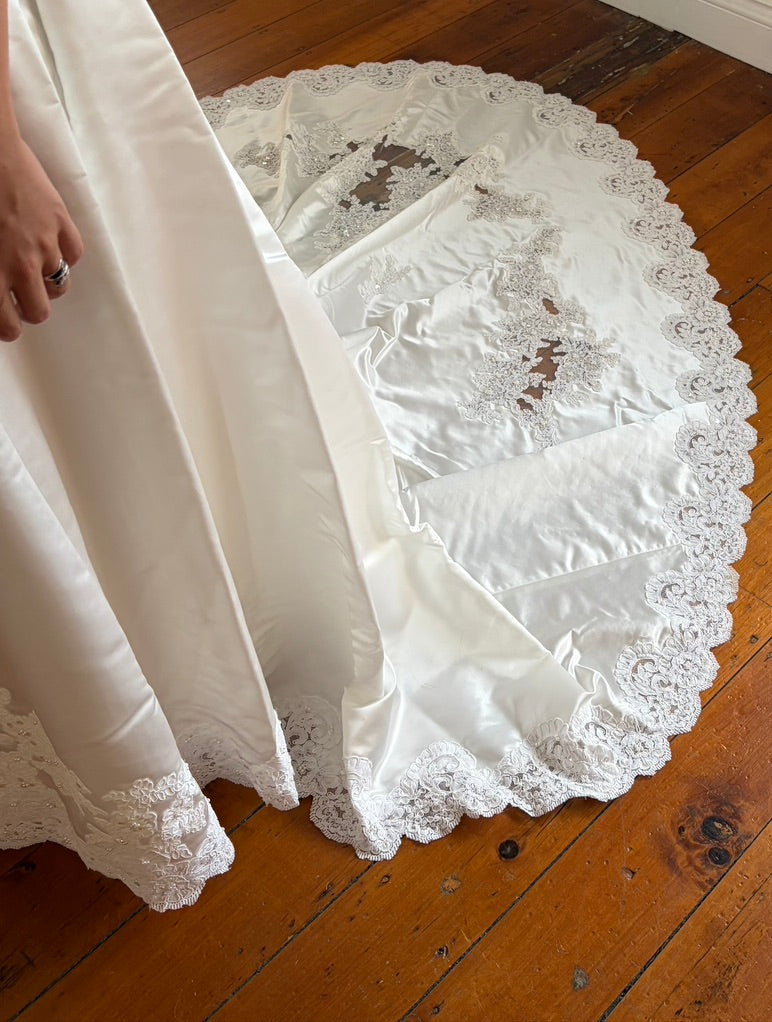 Vintage 90s ivory off shoulder pleated wedding gown with train