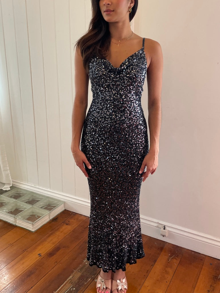 Vintage 90s midnight beaded open back evening dress