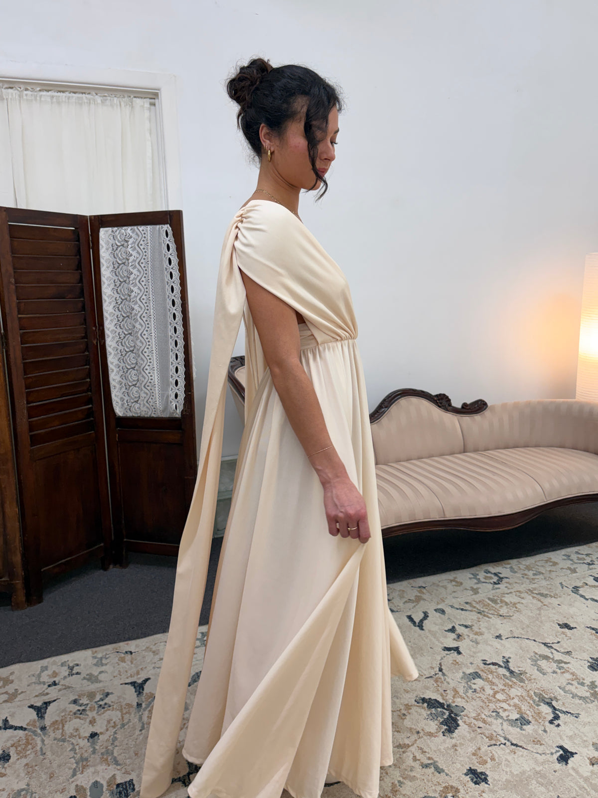 Vintage 70s cream grecian v neck gown with open back