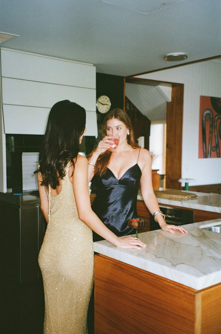 Vintage 90s gold beaded high neck evening dress with open back