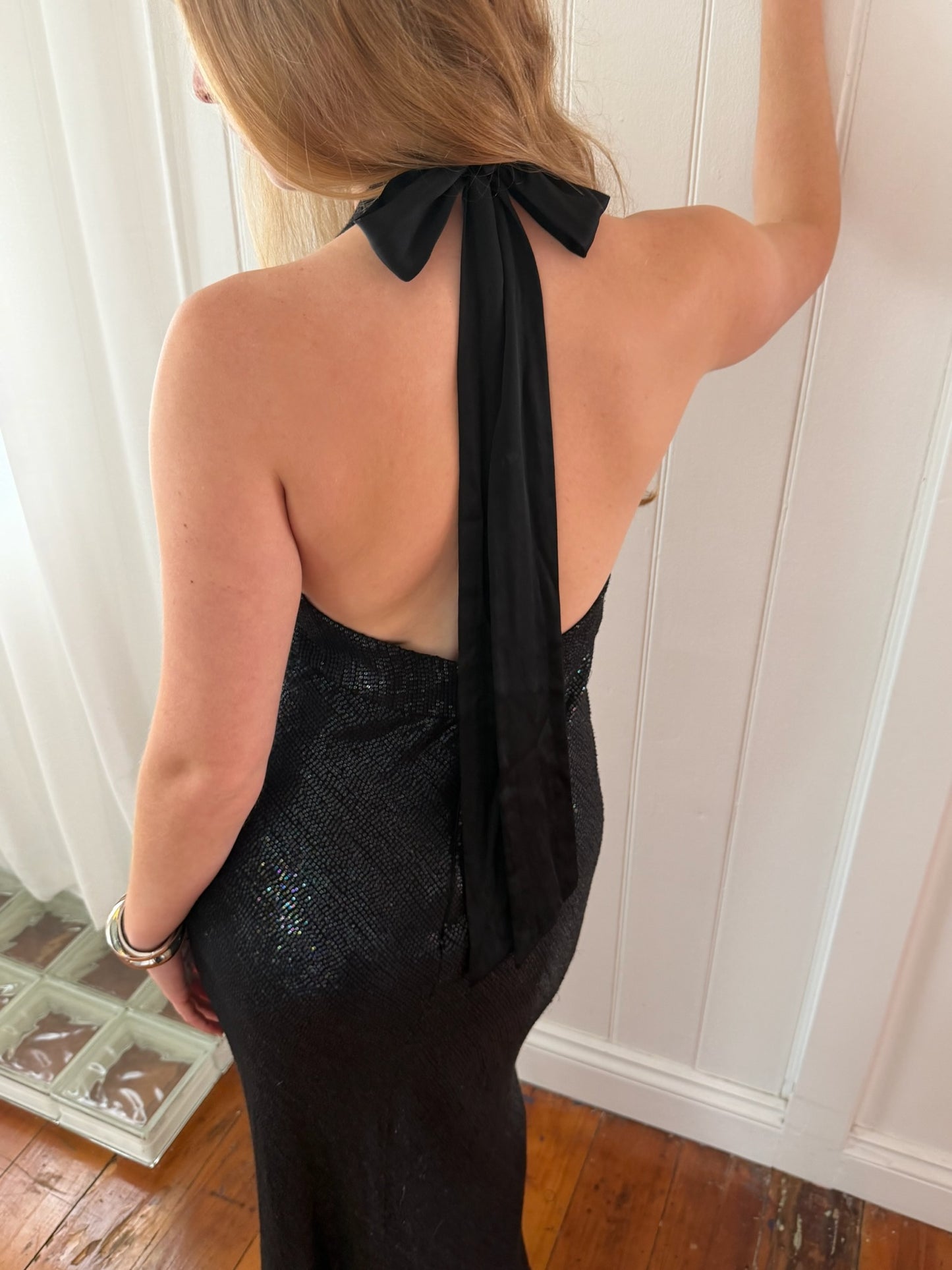 Vintage 00s black sequinned halter evening gown with open back
