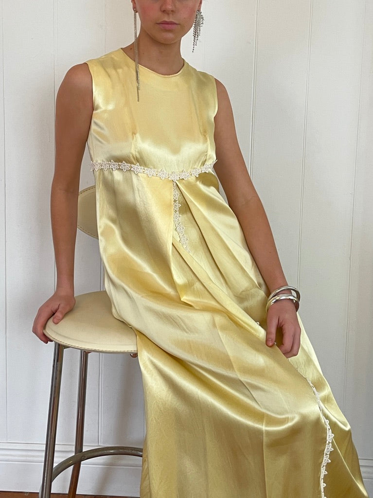 Vintage 60s butter yellow satin midi dress with lace trim