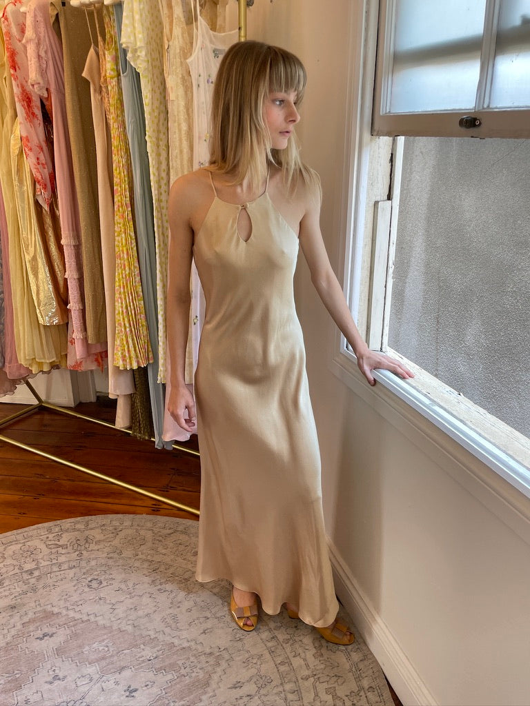 Vintage 90s champagne high neck bias cut evening dress