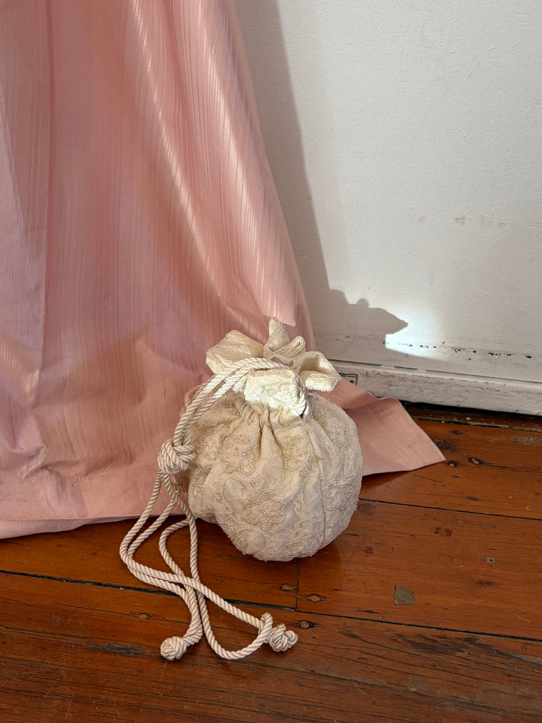 Vintage cream beaded bridal pouch with rope strap