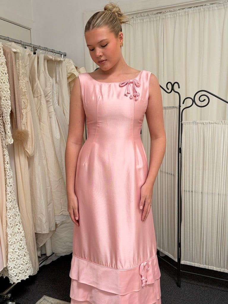 Vintage 60s candy pink tiered evening gown with bows