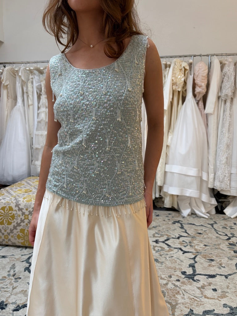 Vintage 60s Ice Blue heavily embellished wool top