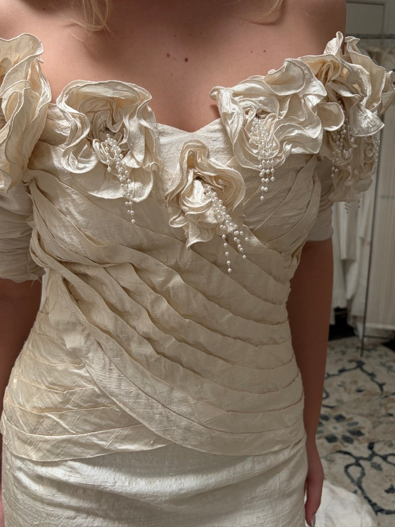 Vintage 90s Jean Fox pleated off shoulder wedding dress with detachable train