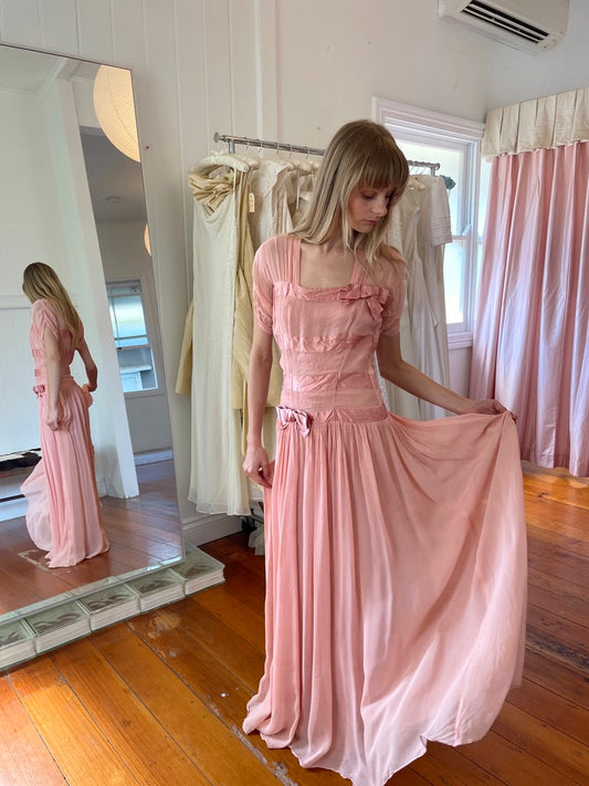 Vintage 50s pink drop waist maxi dress with bows