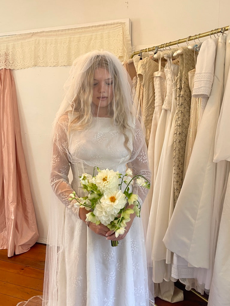 Vintage 70s embroidered chapel veil with blusher ivory