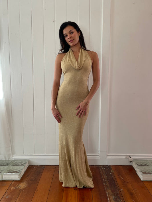 Vintage y2k gold shimmery halter neck evening dress