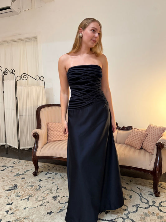 Vintage 90s Tadashi Shoji navy strapless evening gown