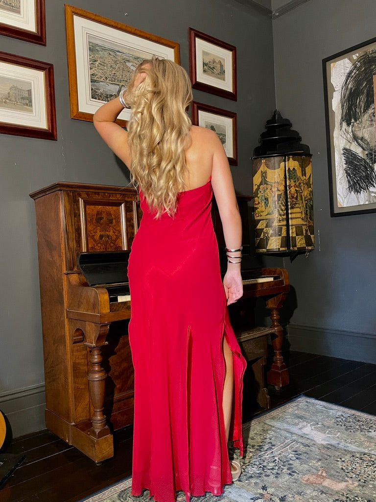 Vintage 90s Ruth Tarvydas red halterneck splice gown