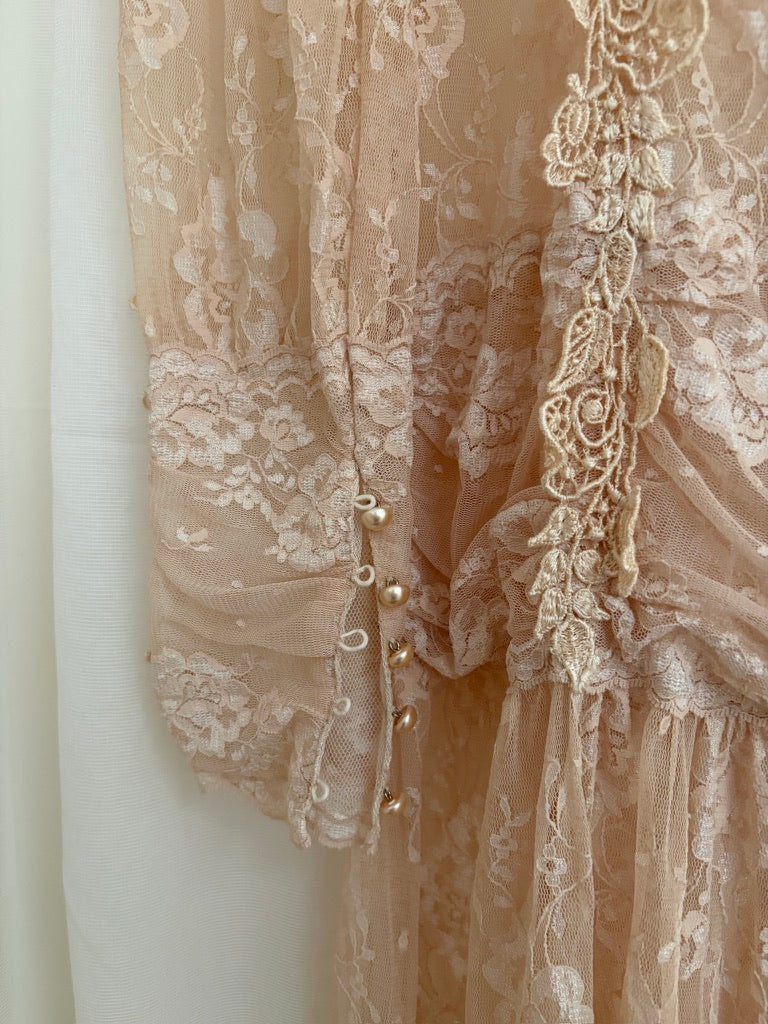 Vintage 80s drop waist long sleeve blush lace midi dress