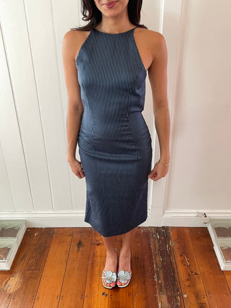 Vintage y2k Versace backless pinstripe midi dress