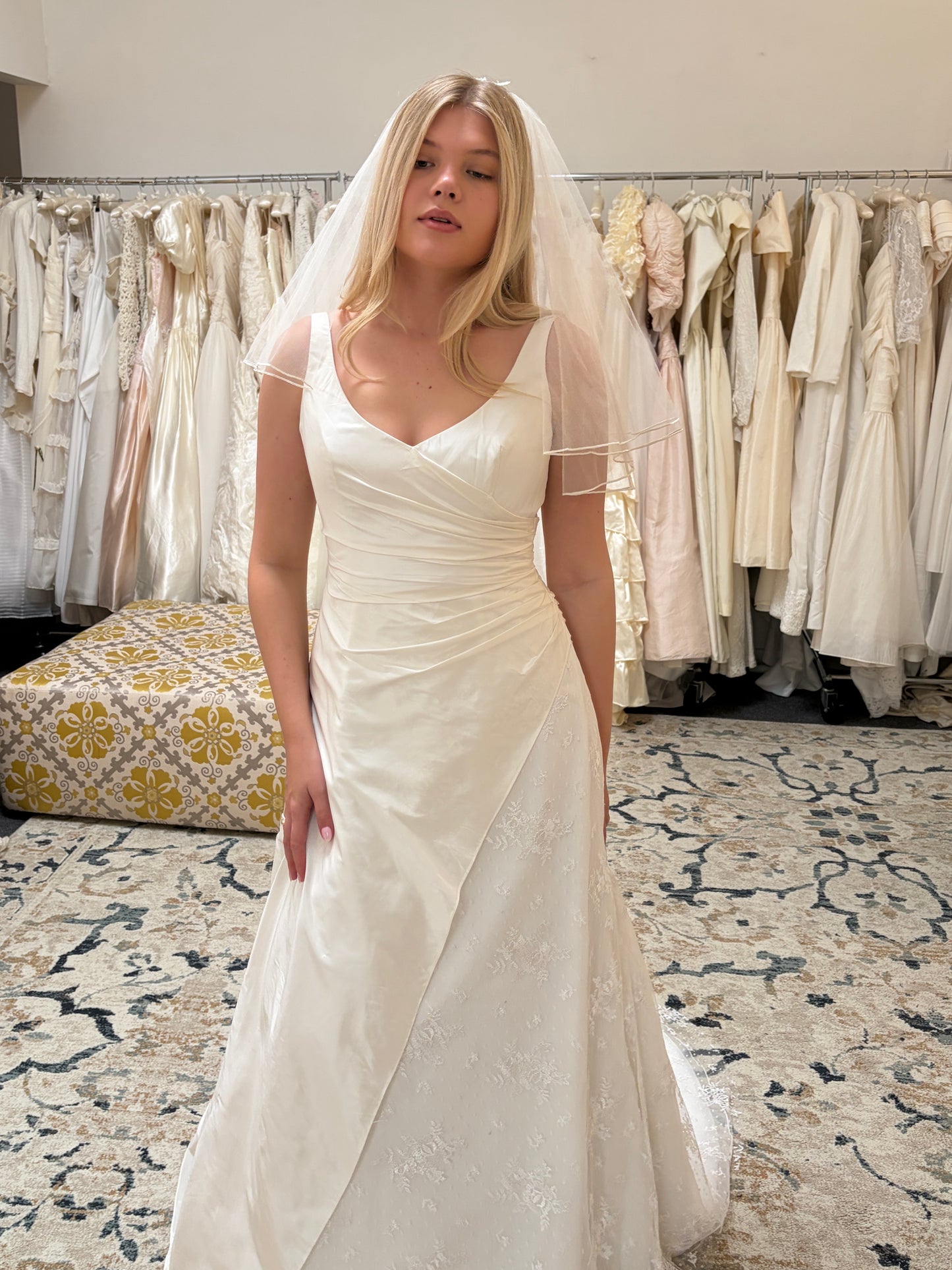 Vintage 00s V-neck draped silk taffeta lace wedding gown with train