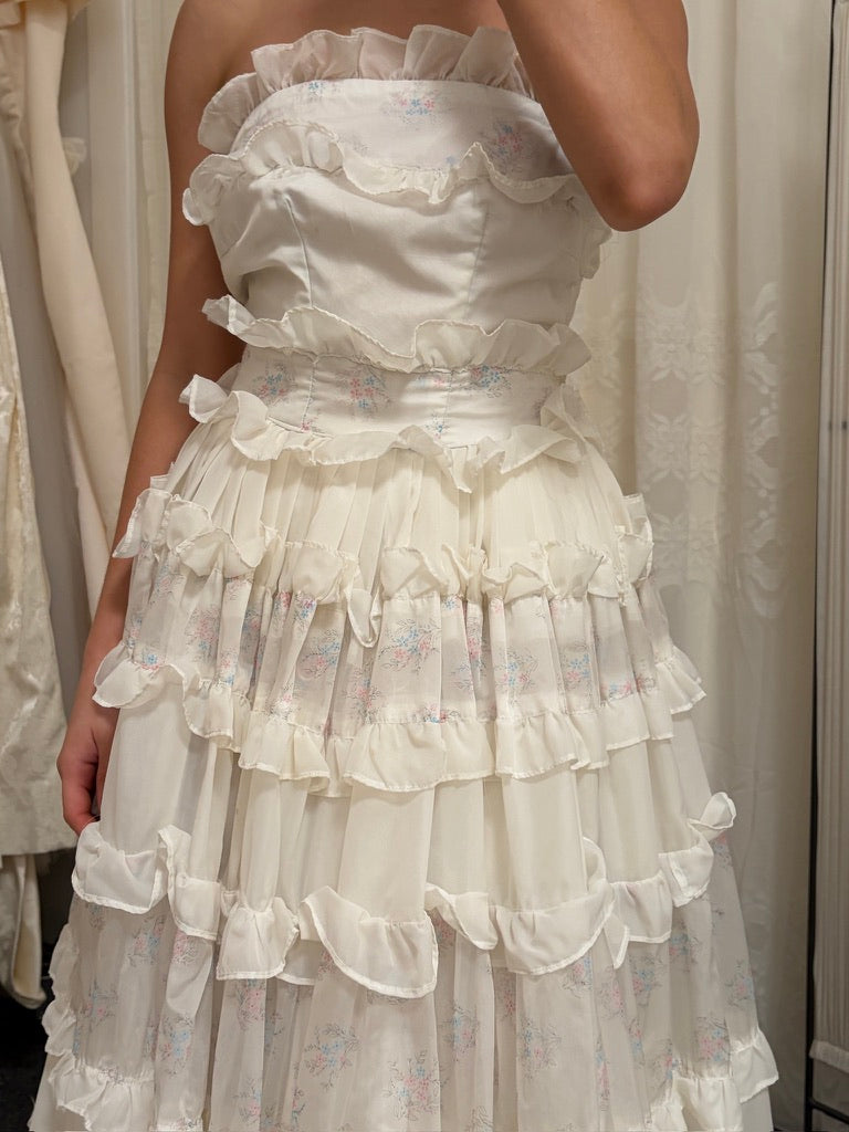 Vintage 60s ivory strapless cupcake dress with floral trim and ruffles